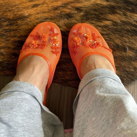 Peachy Orange Mesh Slippers With Sequin Flowers Size 10 - Picture 6 of 6